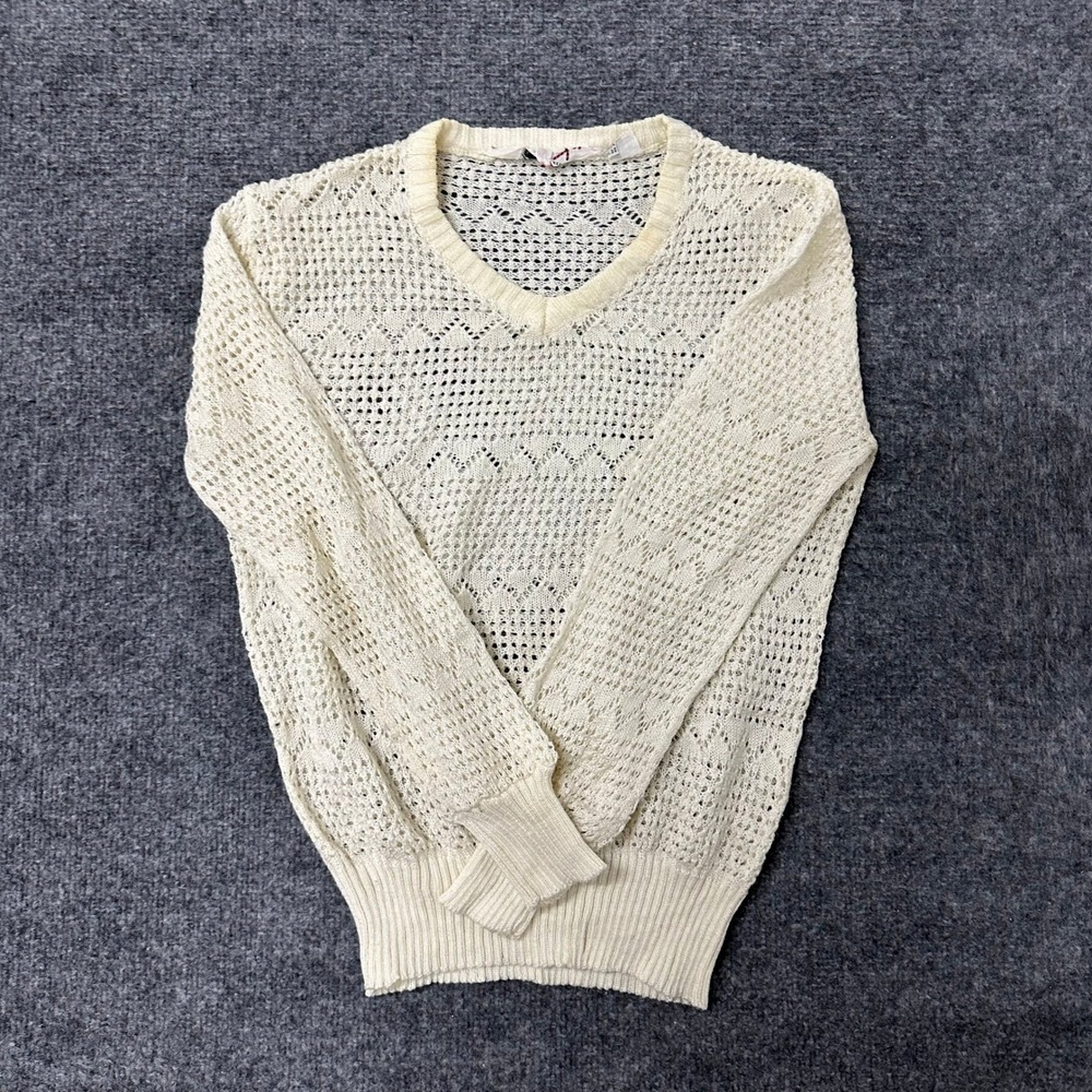 Licorice Sweater Womens Size L Cream Open Knit Crochet V-Neck Vintage Top